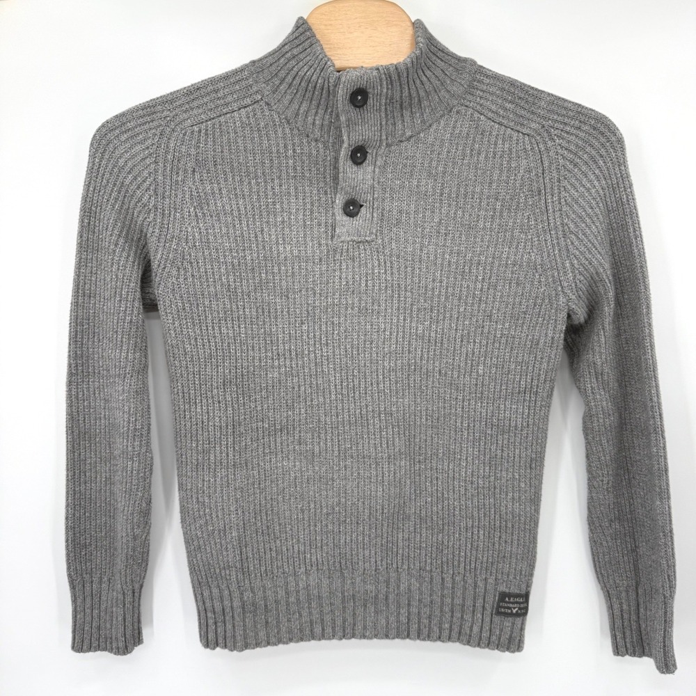 American Eagle Sweater Mens Medium Gray Mock Neck Button Ribbed Cotton Pullover